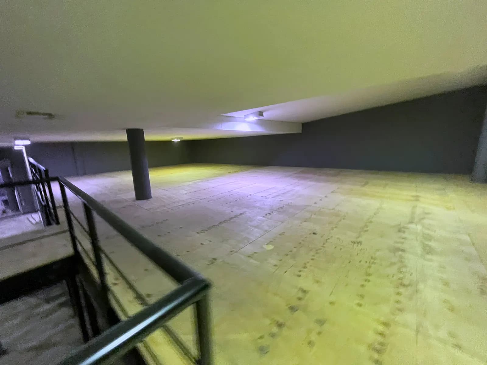 New mezzanine floor with plywood deck, steel balustrade and round columns in a commercial unit
