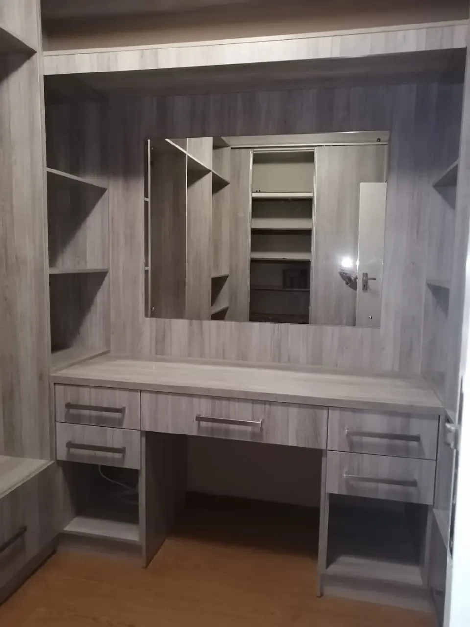 Grey oak dressing table with mirror, drawers and open shelving